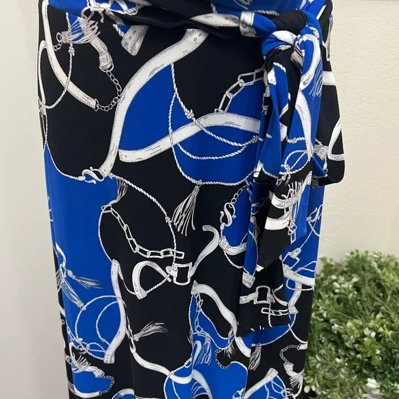 Ralph Lauren Equestrian Status Print Wrap Look Maxi Dress Stretch Knit Blue 14 - Picture 5 of 10